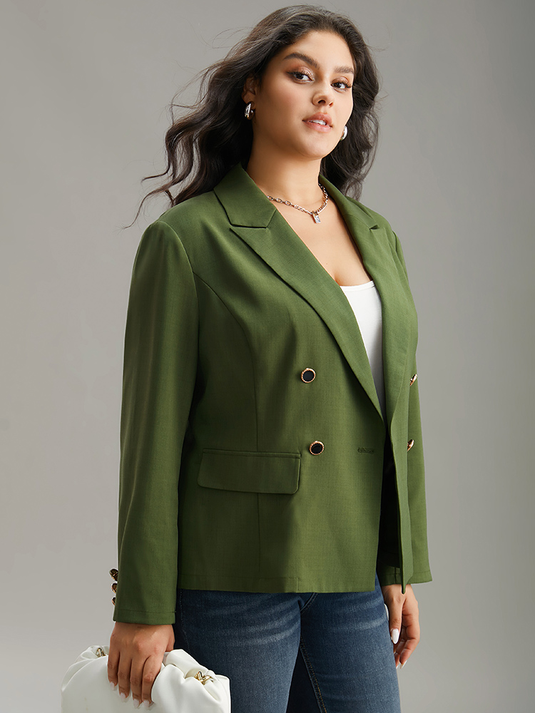 Plus Size Solid Suit Collar Button Detail Blazer Green Women Work Plain Plain Sleeve Long Sleeve Suit Collar 22-24/3X Office Blazers BloomChic 