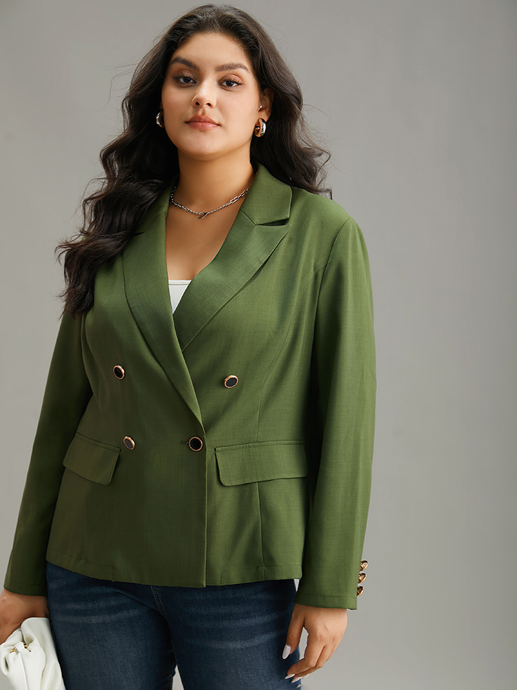 Plus Size Solid Suit Collar Button Detail Blazer Green Women Work Plain Plain Sleeve Long Sleeve Suit Collar 22-24/3X Office Blazers BloomChic 
