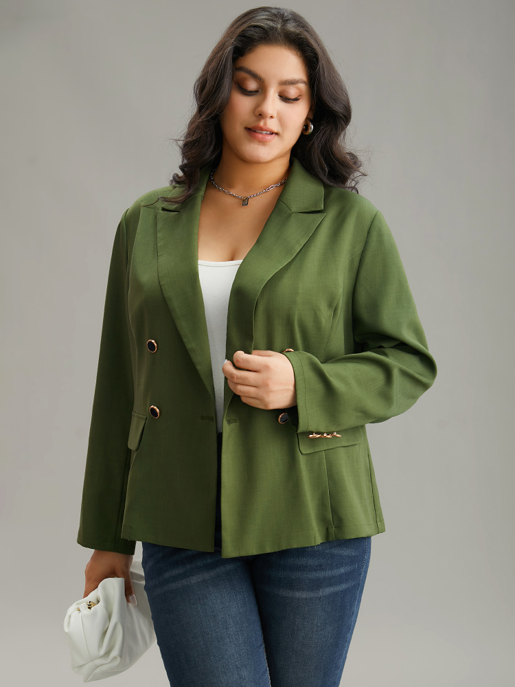 Plus Size Solid Suit Collar Button Detail Blazer Green Women Work Plain Plain Sleeve Long Sleeve Suit Collar 22-24/3X Office Blazers BloomChic 