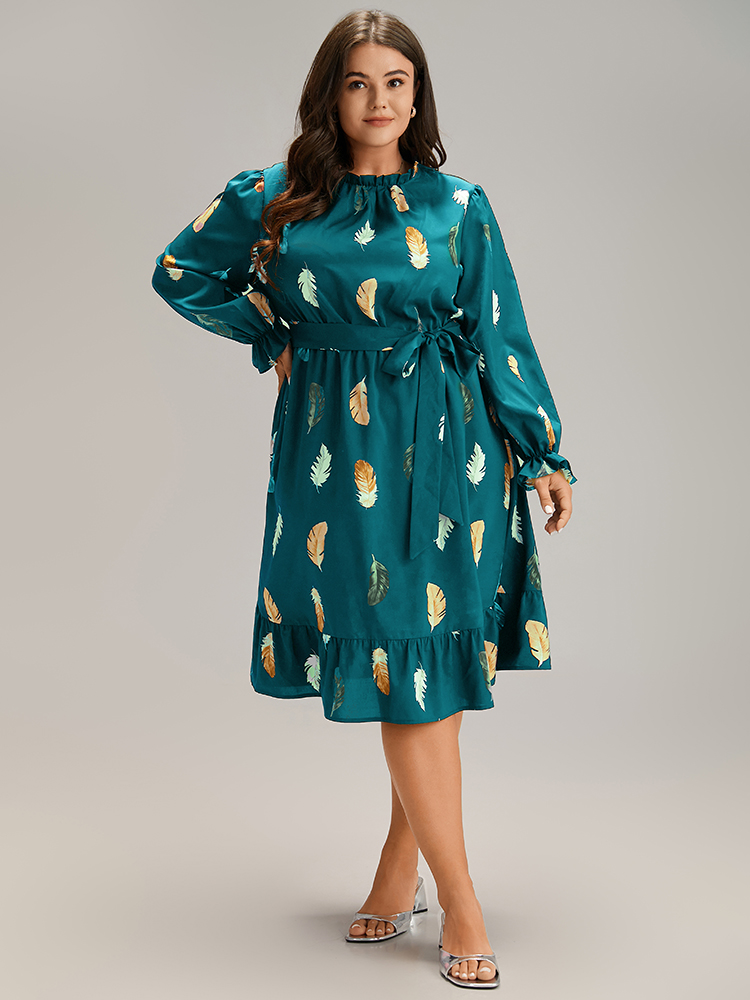 

Plus Size Feather Print Frill Trim Belted Ruffle Hem Dress Teal Women At the Office Gathered Stand-up collar Long Sleeve Curvy Knee Dress BloomChic