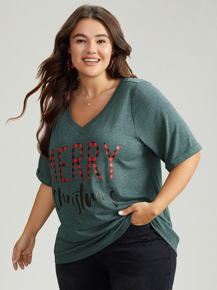 Plus Size Christmas Gingham Patchwork V Neck T-shirt DarkGreen Women Casual Printed Christmas Festival-Christmas T-shirts BloomChic 10/M 