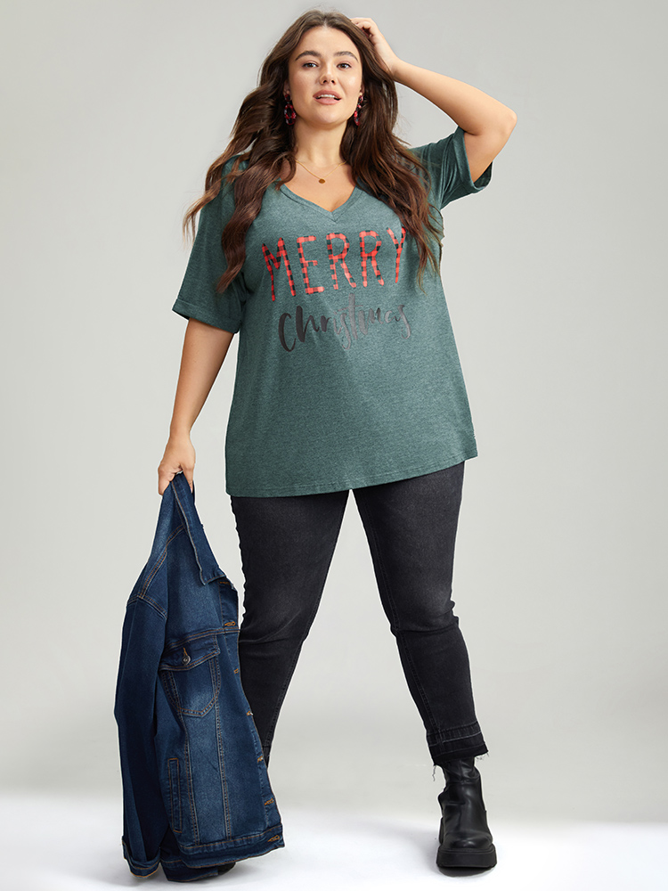 Plus Size Christmas Gingham Patchwork V Neck T-shirt DarkGreen Women Casual Printed Christmas Festival-Christmas T-shirts BloomChic 10/M 