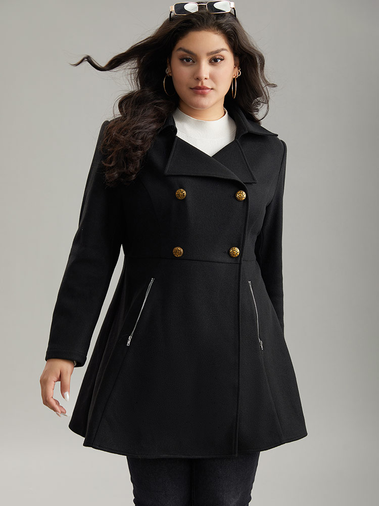 

Plus Size Lapel Collar Metal Detail Zipper Pocket Coat Women Black Casual Plain Ladies Dailywear Winter Coats BloomChic