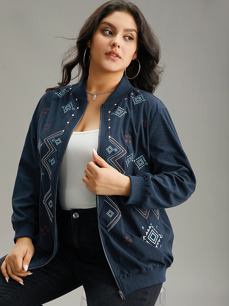 

Plus Size Corduroy Geo Embroidered Zipper Fly Jacket Women Indigo Elastic cuffs Dailywear Jackets BloomChic