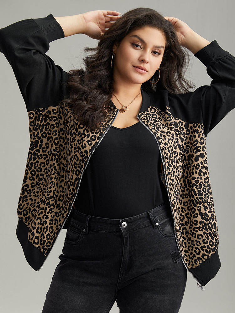 

Plus Size Leopard Print Pocket Zipper Bomber Jacket Women Black Contrast Pocket Dailywear Jackets BloomChic