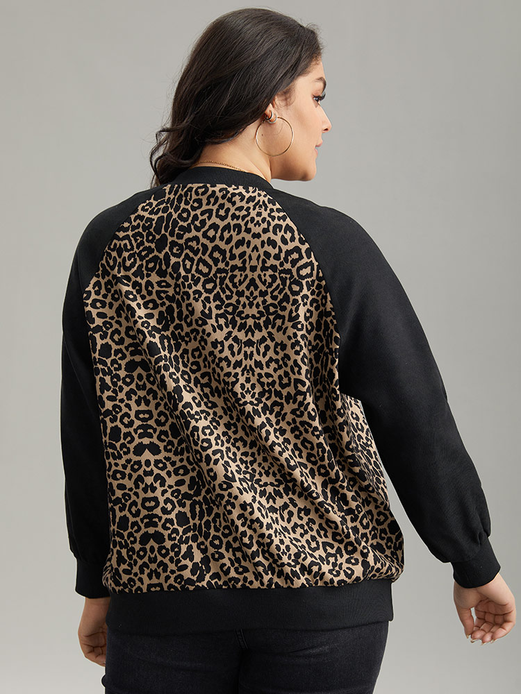 Plus Size Leopard Print Pocket Zipper Bomber Jacket Women Black Contrast Pocket Dailywear Jackets BloomChic 10/M 