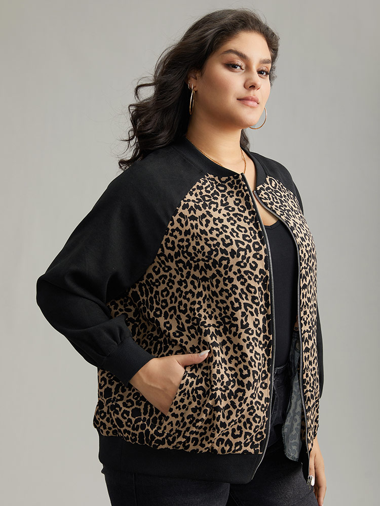 Plus Size Leopard Print Pocket Zipper Bomber Jacket Women Black Contrast Pocket Dailywear Jackets BloomChic 10/M 