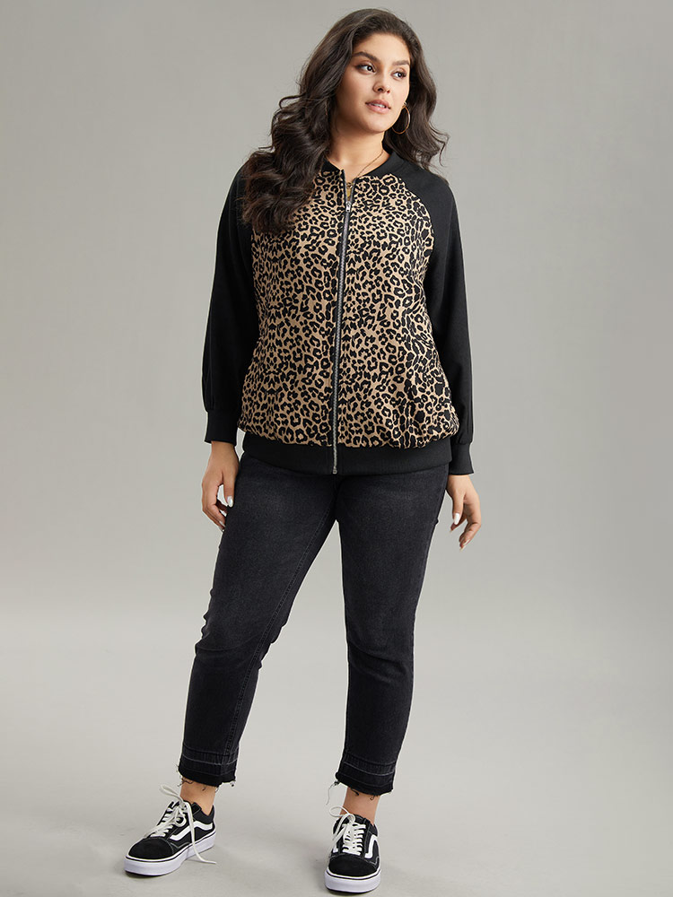 Plus Size Leopard Print Pocket Zipper Bomber Jacket Women Black Contrast Pocket Dailywear Jackets BloomChic 10/M 