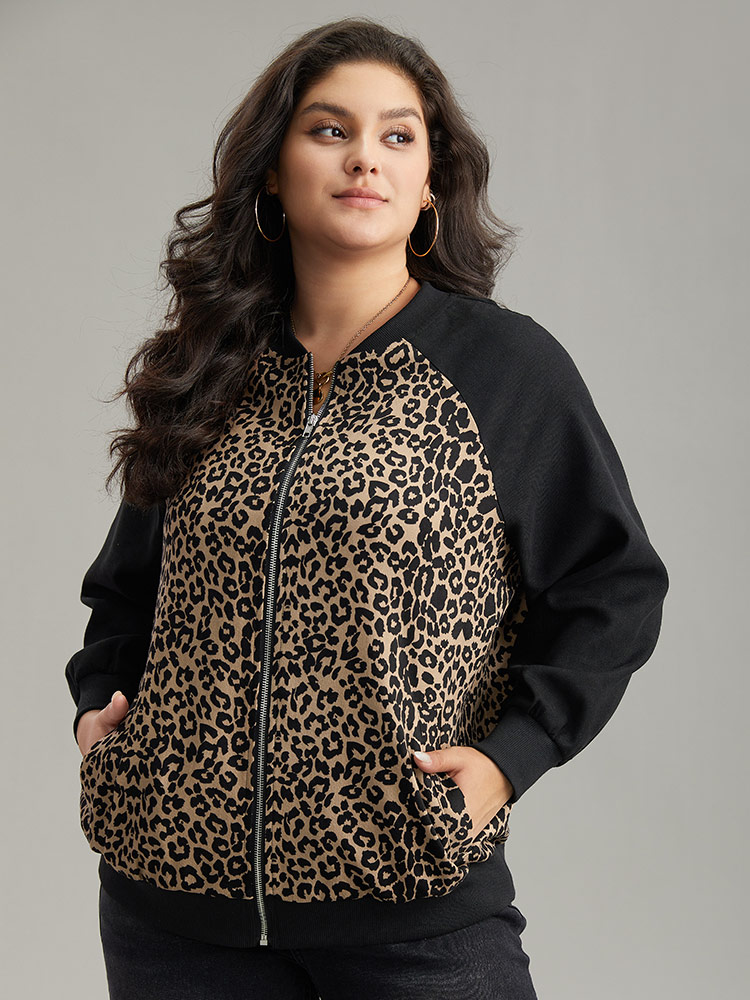 Plus Size Leopard Print Pocket Zipper Bomber Jacket Women Black Contrast Pocket Dailywear Jackets BloomChic 10/M 