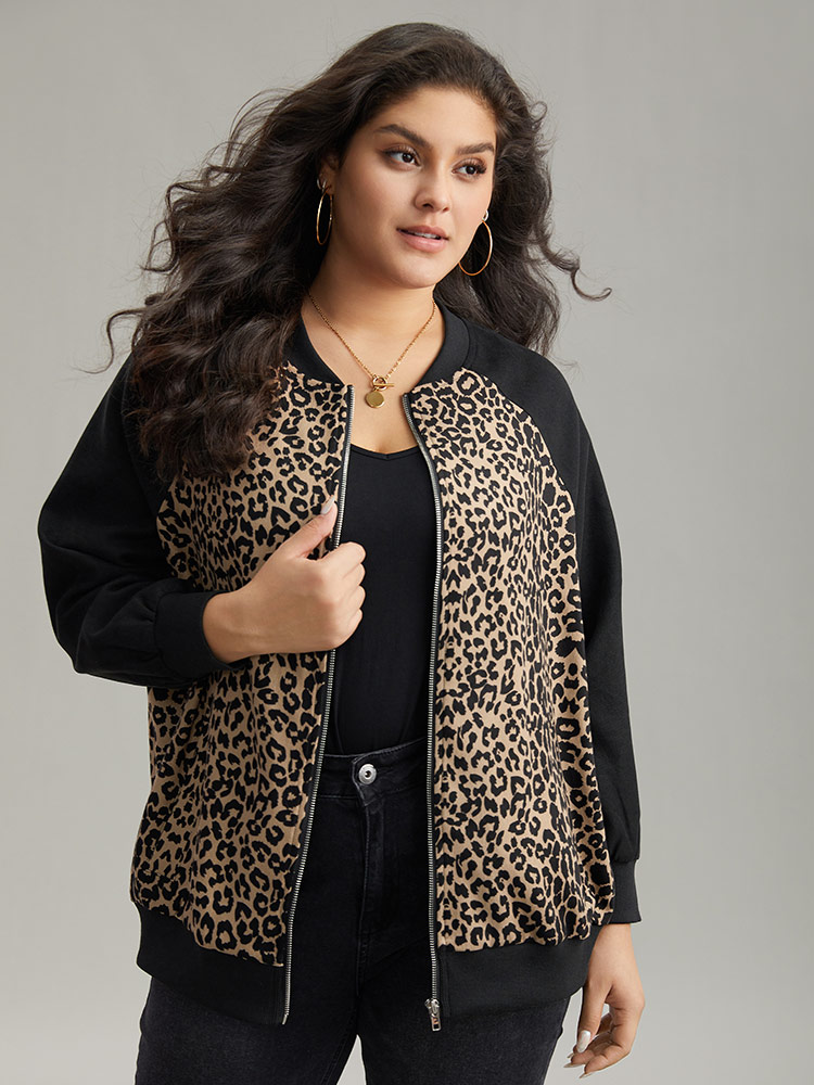 Plus Size Leopard Print Pocket Zipper Bomber Jacket Women Black Contrast Pocket Dailywear Jackets BloomChic 10/M 