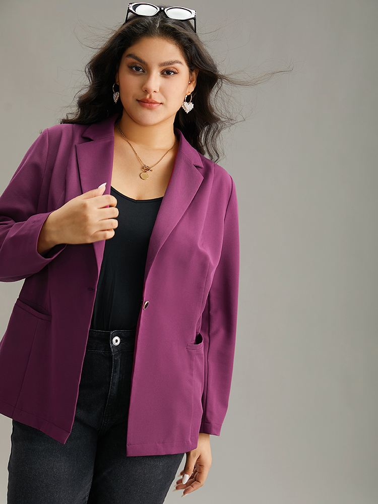 Plus Size Static-Free Plain Suit Collar Pocket Blazer RedViolet Women Work Plain Plain Sleeve Long Sleeve Suit Collar 14-16/1X Pocket At the Office Blazers BloomChic 