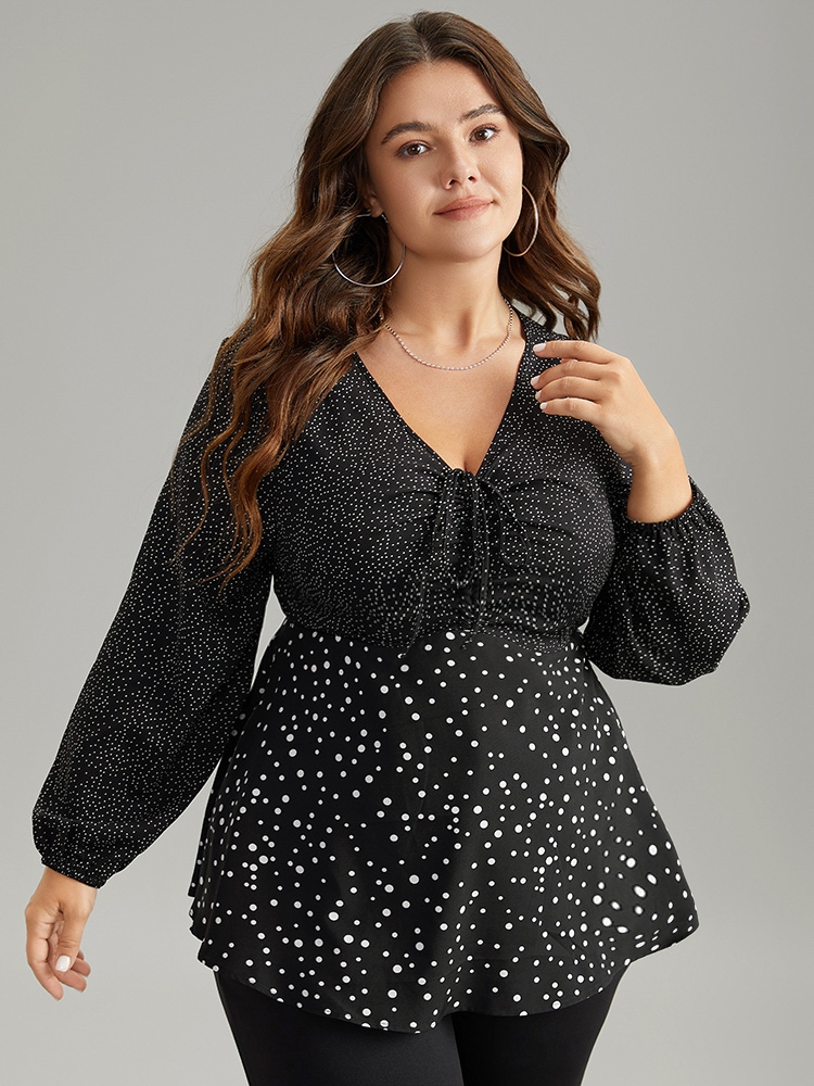 

Plus Size Black Polka Dot Ruched Ties Lantern Sleeve Blouse Women Elegant Long Sleeve V-neck Dailywear Blouses BloomChic