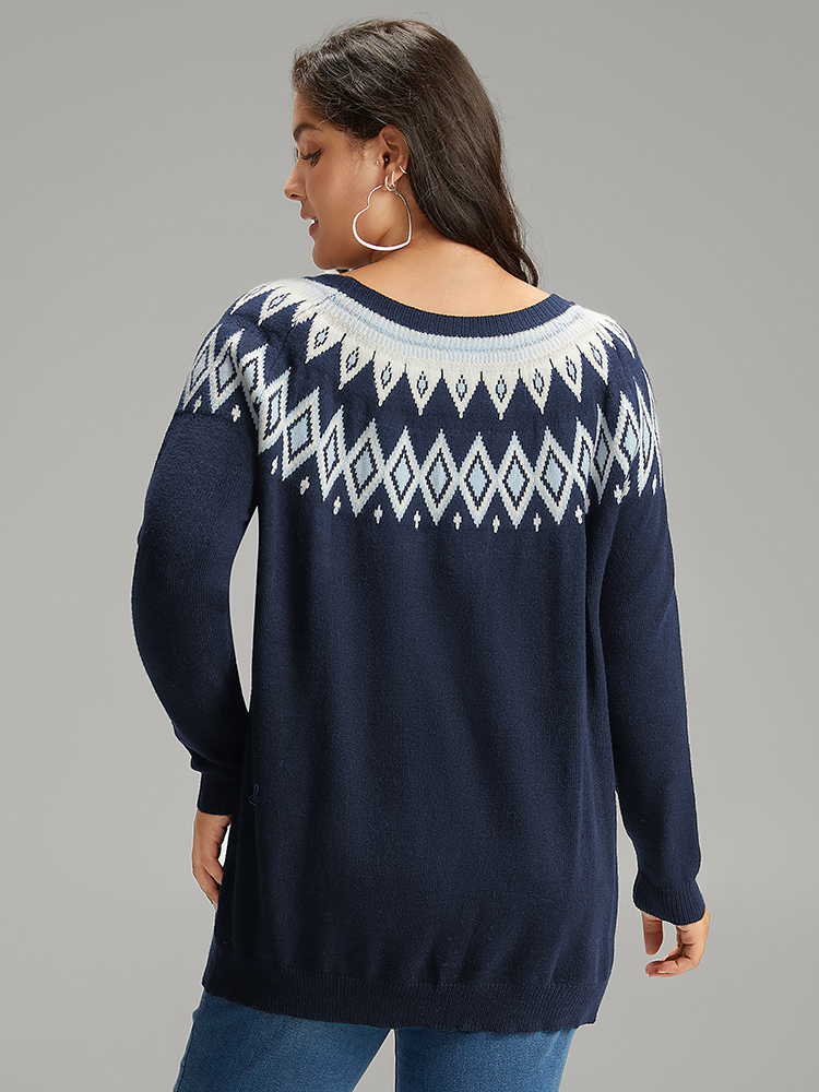 

Plus Size Supersoft Essentials Geo Contrast Raglan Sleeve Pullover Indigo Women Casual Loose Long Sleeve Round Neck Dailywear Pullovers BloomChic