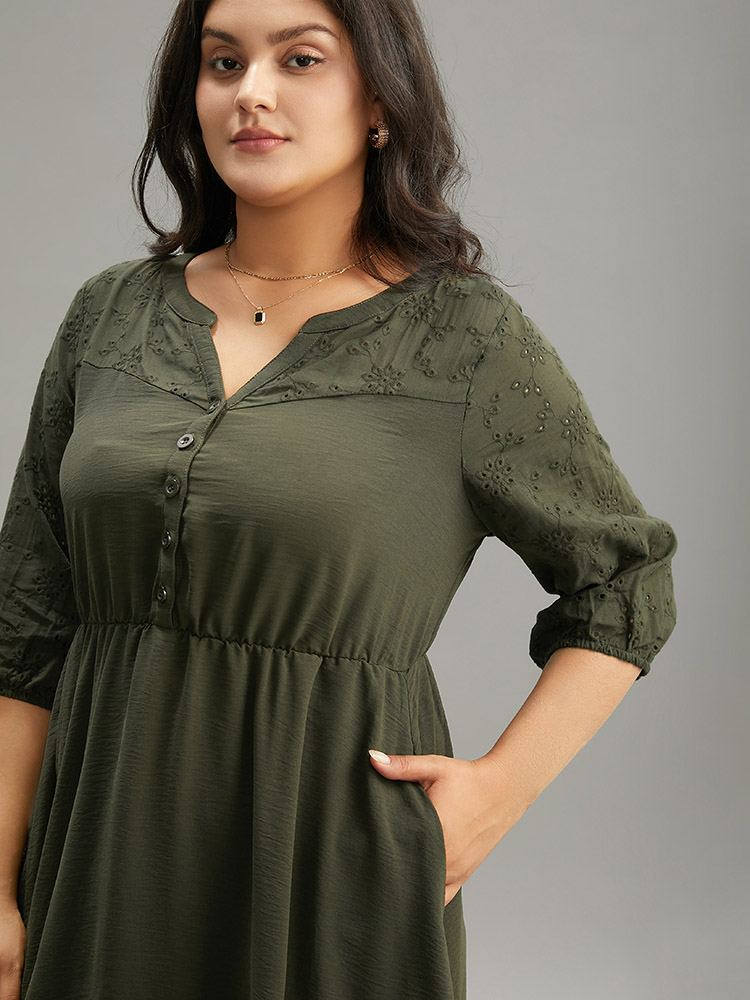 

Plus Size Solid Notched Eyelet Patchwork Dress ArmyGreen Women Office Elastic cuffs Notched collar Elbow-length sleeve Curvy Midi Dress BloomChic