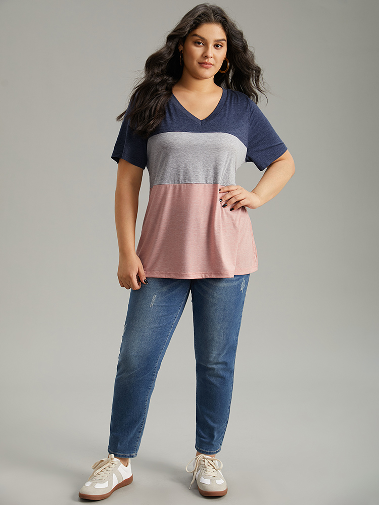 Plus Size Colorblock Contrast V Neck T-shirt Multicolor Women Casual Contrast Plain V-neck Dailywear T-shirts BloomChic 10/M 