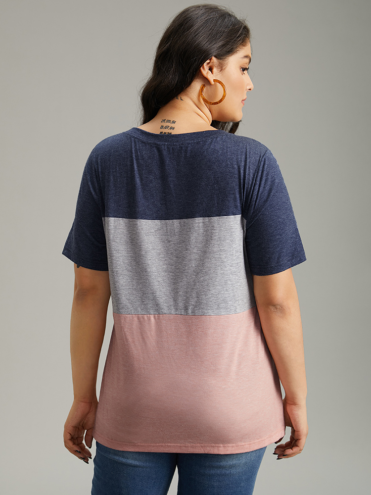 Plus Size Colorblock Contrast V Neck T-shirt Multicolor Women Casual Contrast Plain V-neck Dailywear T-shirts BloomChic 10/M 