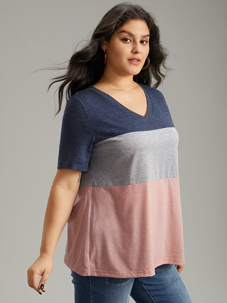 Plus Size Colorblock Contrast V Neck T-shirt Multicolor Women Casual Contrast Plain V-neck Dailywear T-shirts BloomChic 10/M 