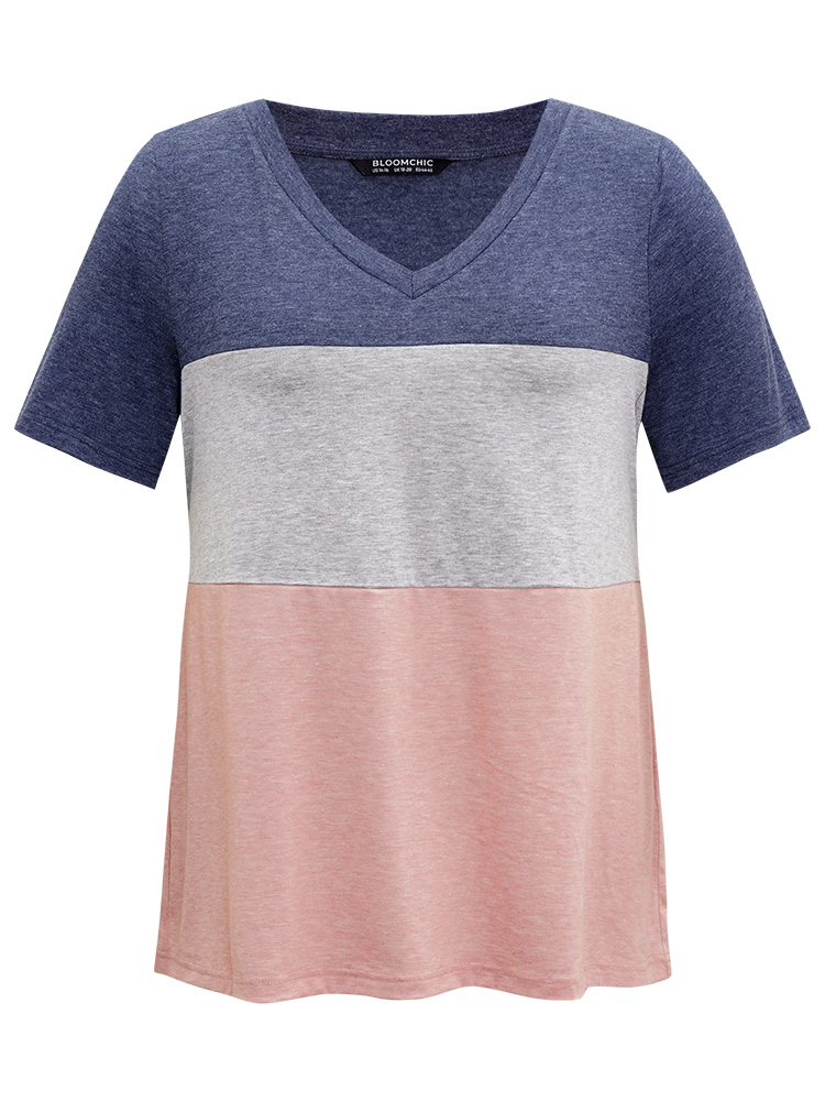 

Plus Size Colorblock Contrast V Neck T-shirt Multicolor Women Casual Contrast Plain V-neck Dailywear T-shirts BloomChic
