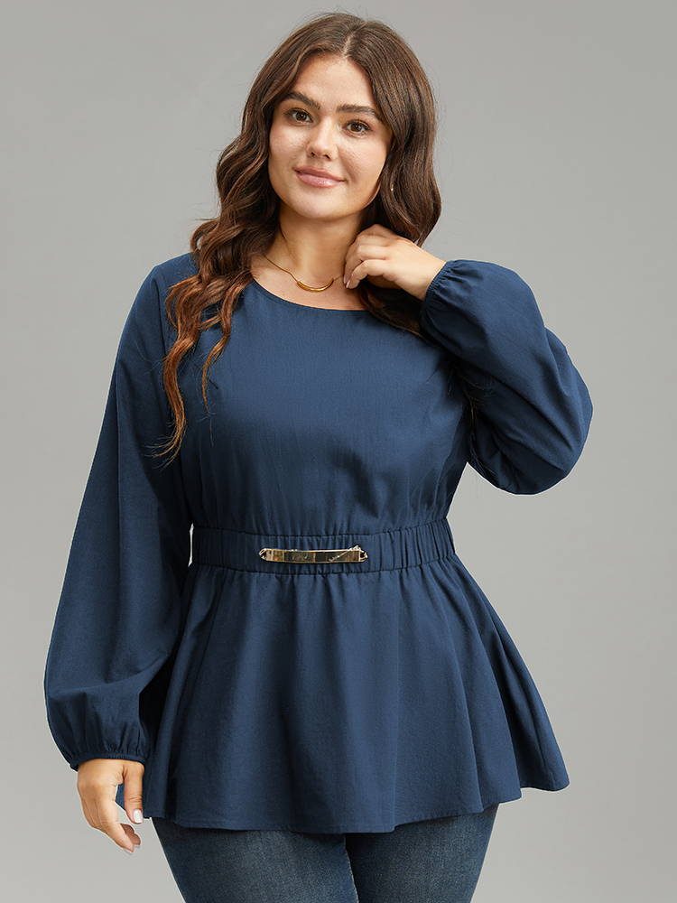 

Plus Size Indigo Cotton Solid Metal Detail Lantern Sleeve Blouse Women Office Long Sleeve Round Neck Work Blouses BloomChic