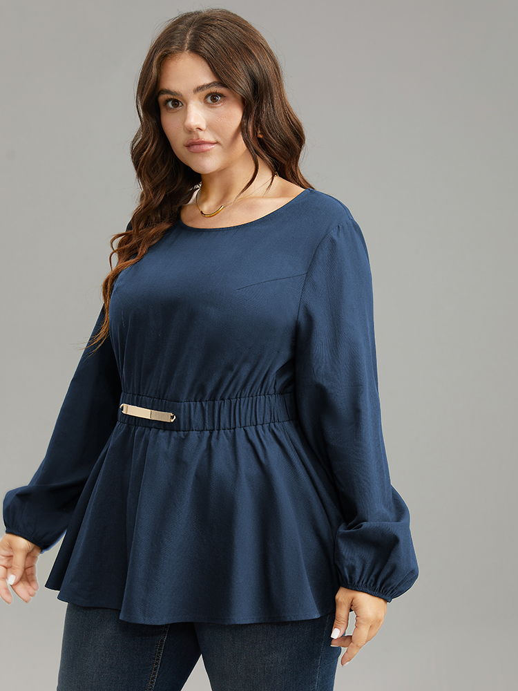 Plus Size Indigo Cotton Solid Metal Detail Lantern Sleeve Blouse Women Office Long Sleeve Round Neck Work Blouses BloomChic 12/L 