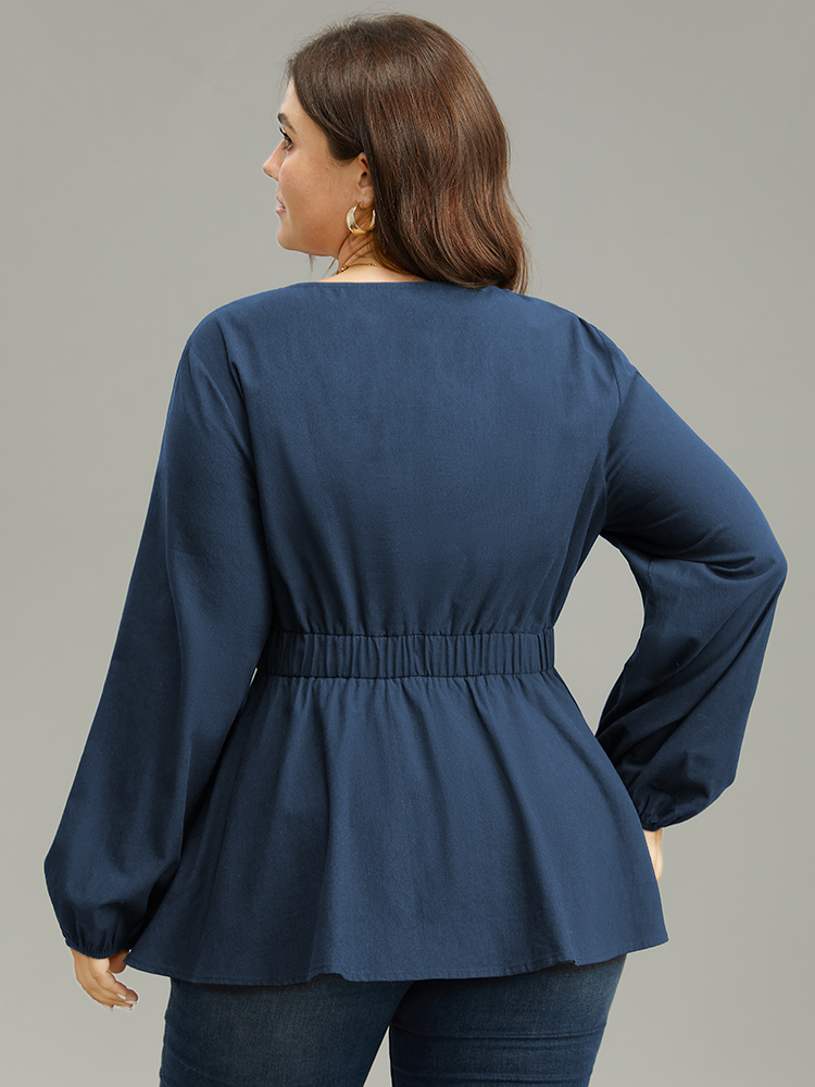 Plus Size Indigo Cotton Solid Metal Detail Lantern Sleeve Blouse Women Office Long Sleeve Round Neck Work Blouses BloomChic 12/L 