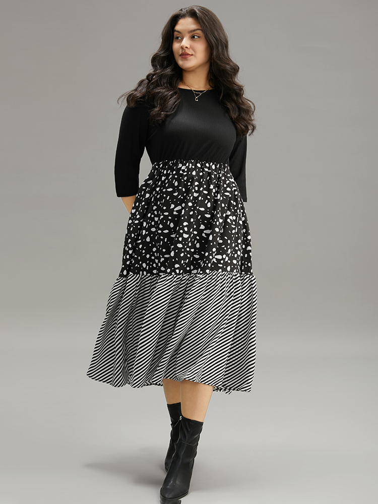 Plus Size Women Dailywear Colorblock Patchwork Regular Sleeve Elbow-length sleeve Round Neck Pocket Casual Dresses BloomChic 