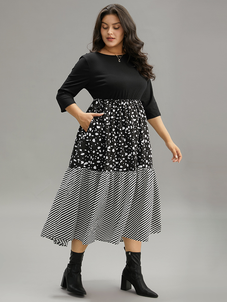 Plus Size Women Dailywear Colorblock Patchwork Regular Sleeve Elbow-length sleeve Round Neck Pocket Casual Dresses BloomChic 