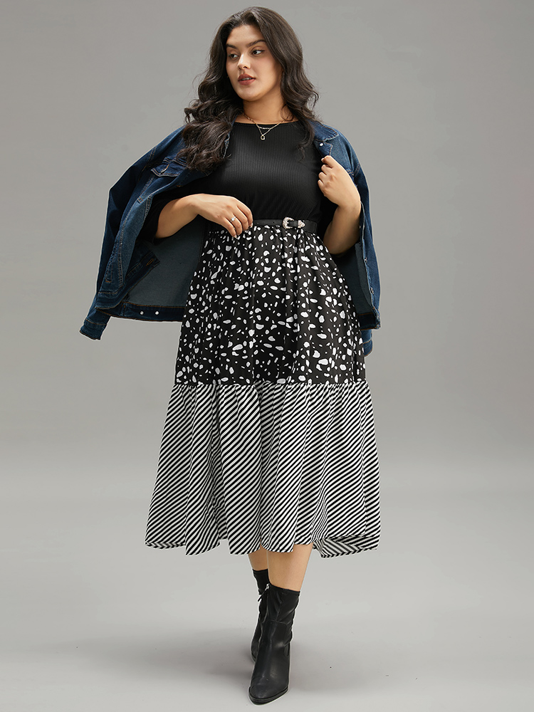 Plus Size Women Dailywear Colorblock Patchwork Regular Sleeve Elbow-length sleeve Round Neck Pocket Casual Dresses BloomChic 