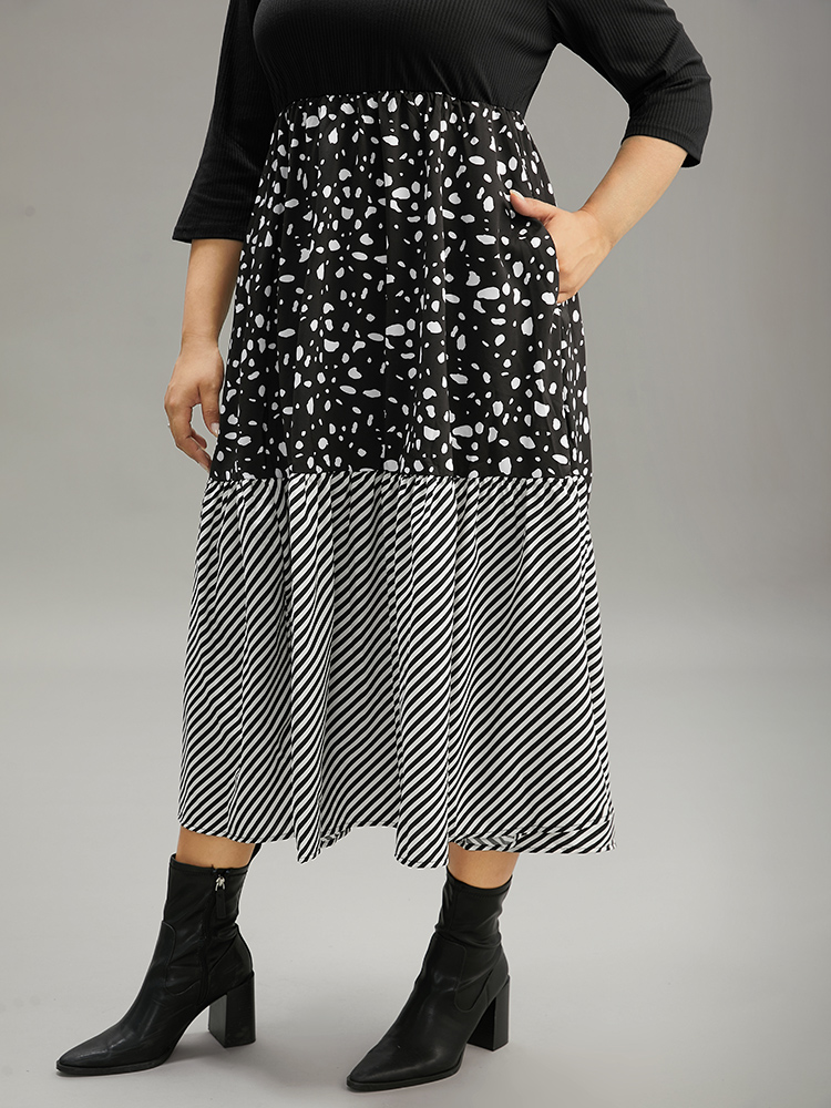 Plus Size Women Dailywear Colorblock Patchwork Regular Sleeve Elbow-length sleeve Round Neck Pocket Casual Dresses BloomChic 