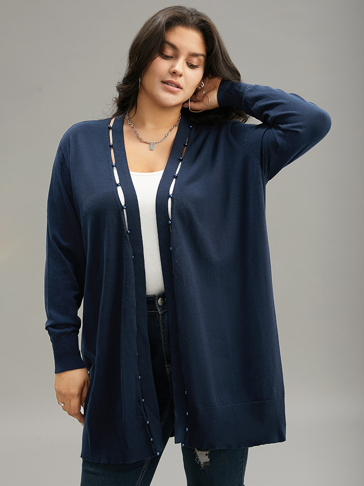 

Plus Size Supersoft Essentials Plain Hollow Out Pearl Beaded Open Front Cardigan Indigo Women Casual Loose Long Sleeve Dailywear Cardigans BloomChic