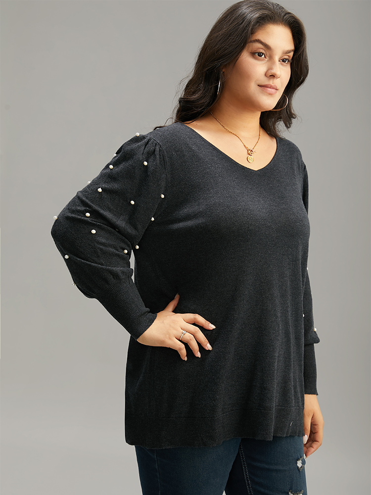 

Plus Size Supersoft Essentials Solid Pearl Beaded Elastic Cuffs Pullover Black Women Casual Long Sleeve V-neck Dailywear Pullovers BloomChic