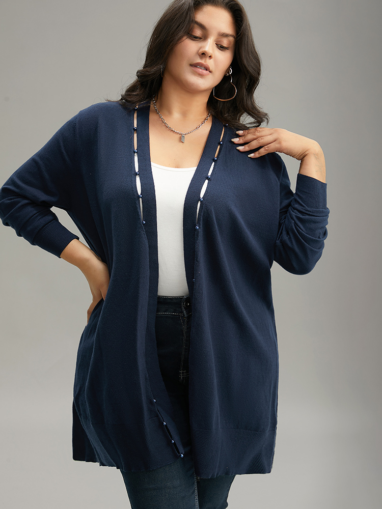 

Plus Size Supersoft Essentials Plain Hollow Out Pearl Beaded Open Front Cardigan Indigo Women Casual Loose Long Sleeve Dailywear Cardigans BloomChic