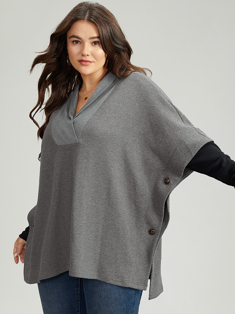 

Plus Size Waffle Knit Batwing Sleeve Lapel Collar Sweatshirt Women Gray Casual Patchwork Lapel Collar Dailywear Sweatshirts BloomChic