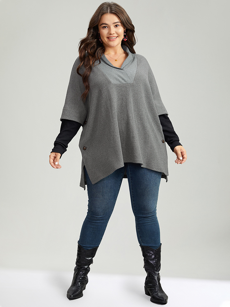 Plus Size Waffle Knit Batwing Sleeve Lapel Collar Sweatshirt Women Gray Casual Patchwork Lapel Collar Dailywear Sweatshirts BloomChic 14-16/1X 