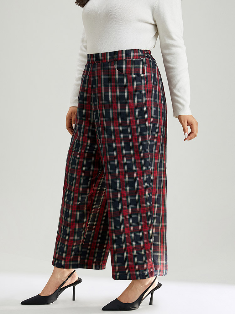 

Plus Size Plaid Elastic Waist Pocket Straight Leg Pants Women Multicolor Elegant Straight Leg High Rise Festival-Christmas Pants BloomChic