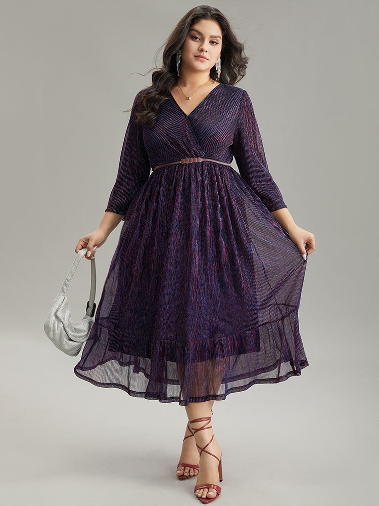 

Plus Size Luxe Mesh Pleated Elastic Waist Wrap Dress Blackcurrant Women Party Texture Overlap Collar Elbow-length sleeve Curvy Midi Dress BloomChic