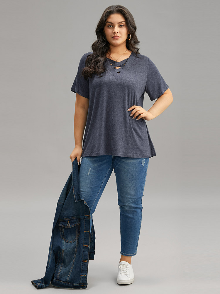 

Plus Size Plain Heather Crisscross V Neck T-shirt Blue Women Casual Heather Plain V-neck Dailywear T-shirts BloomChic