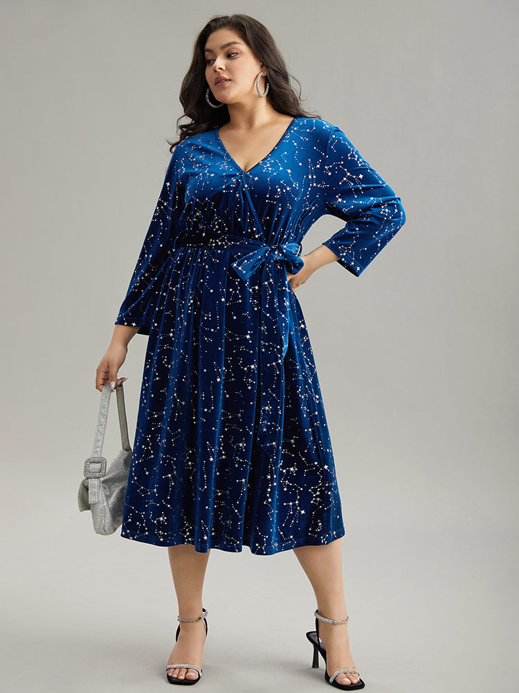 

Plus Size Star Glitter Velvet Wrap Pocket Belted Dress DarkBlue Women Party Wrap Overlap Collar Long Sleeve Curvy Midi Dress BloomChic