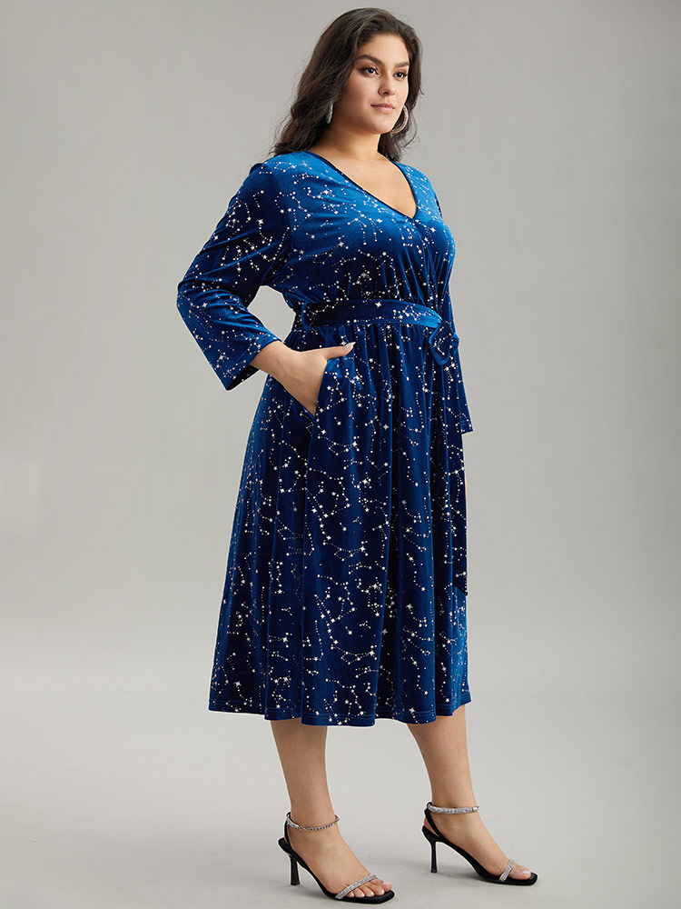 

Plus Size Star Glitter Velvet Wrap Pocket Belted Dress DarkBlue Women Party Wrap Overlap Collar Long Sleeve Curvy Midi Dress BloomChic