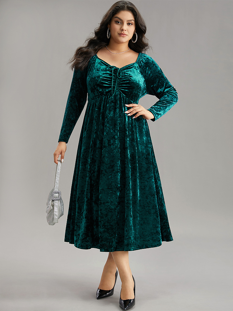 

Plus Size Velvet Ruched Ties Pocket Square Neck Dress Teal Women Glamour Elastic cuffs Square Neck Long Sleeve Curvy Midi Dress BloomChic