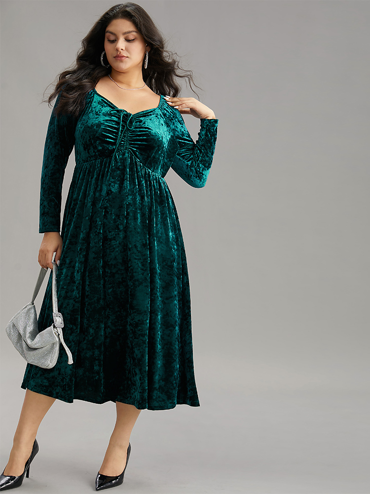 

Plus Size Velvet Ruched Ties Pocket Square Neck Dress Teal Women Glamour Elastic cuffs Square Neck Long Sleeve Curvy Midi Dress BloomChic