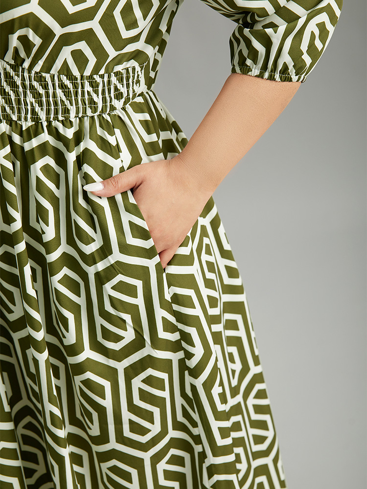 Plus Size Geometric Print V Neck Shirred Dress ArmyGreen Women Office Elastic cuffs V-neck Elbow-length sleeve Curvy Midi Dress BloomChic 14-16/1X 
