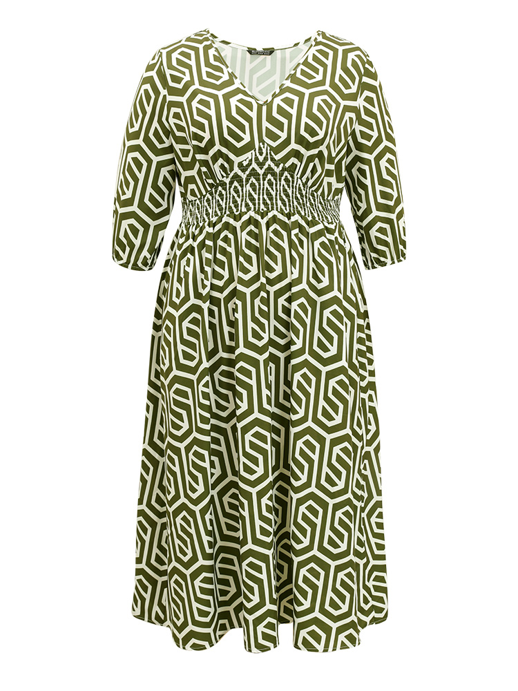Plus Size Geometric Print V Neck Shirred Dress ArmyGreen Women Office Elastic cuffs V-neck Elbow-length sleeve Curvy Midi Dress BloomChic 14-16/1X 