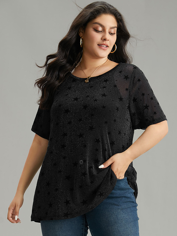 

Plus Size Glitter Star Print Mesh T-shirt Black Women Casual See through Moon and Star Round Neck Dailywear T-shirts BloomChic