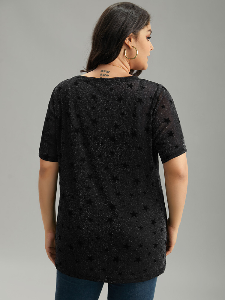 Plus Size Glitter Star Print Mesh T-shirt Black Women Casual See through Moon and Star Round Neck Dailywear T-shirts BloomChic 10/M 
