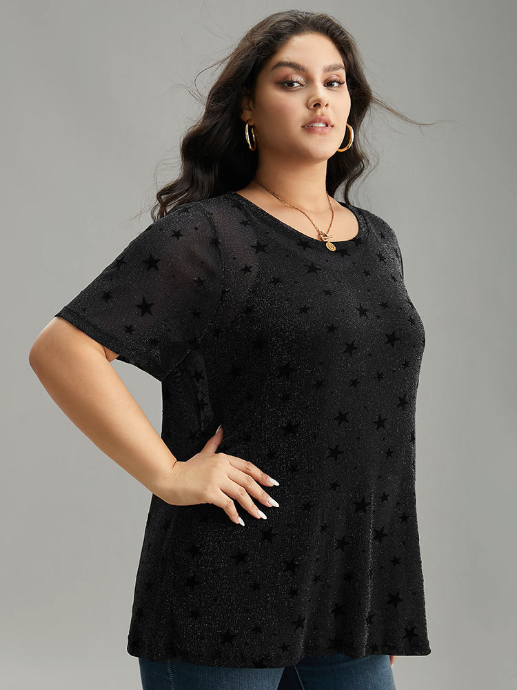 Plus Size Glitter Star Print Mesh T-shirt Black Women Casual See through Moon and Star Round Neck Dailywear T-shirts BloomChic 10/M 