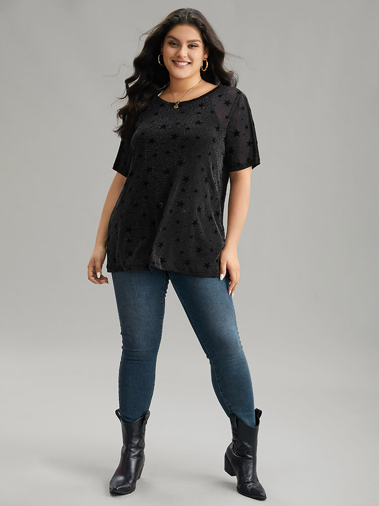 

Plus Size Glitter Star Print Mesh T-shirt Black Women Casual See through Moon and Star Round Neck Dailywear T-shirts BloomChic