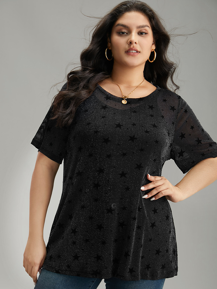 Plus Size Glitter Star Print Mesh T-shirt Black Women Casual See through Moon and Star Round Neck Dailywear T-shirts BloomChic 10/M 