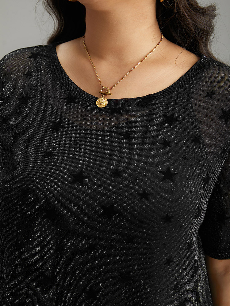 Plus Size Glitter Star Print Mesh T-shirt Black Women Casual See through Moon and Star Round Neck Dailywear T-shirts BloomChic 10/M 
