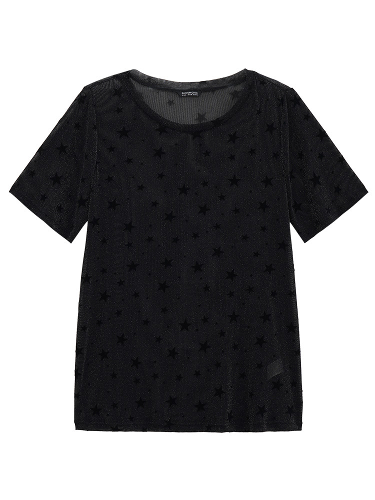 Plus Size Glitter Star Print Mesh T-shirt Black Women Casual See through Moon and Star Round Neck Dailywear T-shirts BloomChic 10/M 